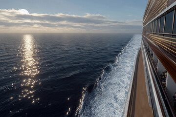 A ship is sailing on the ocean with the sun setting in the background