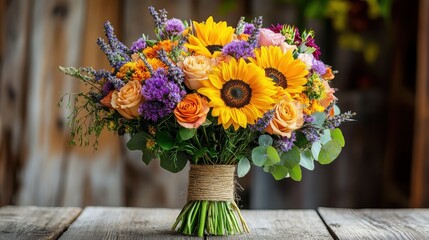 Autumn flower arrangement with sunflowers, chrysanthemums, and pumpkins in a rustic wooden vase for fall decor