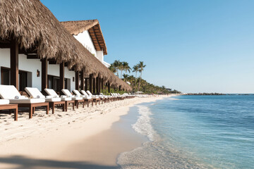 A beach with a white house and palm trees in the background