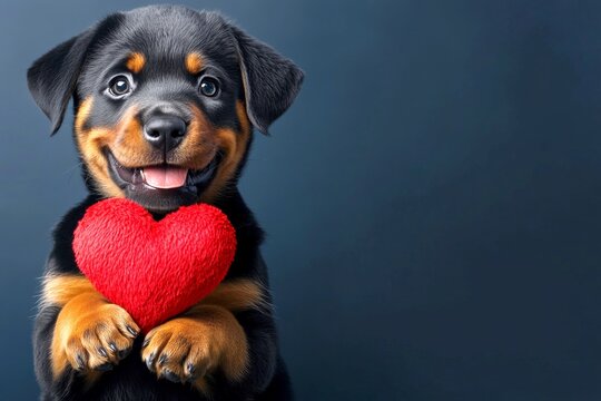 Rottweiler - my preferred dog. Commercial creative. Cute rottweiler dog with domestic animal toy red heart - emblem of love, funny greeting card. Animal love valentine's photos. Dog and heart.