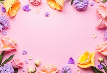 Soft pastel tulip background with gentle pink, lavender, and buttery yellow flowers