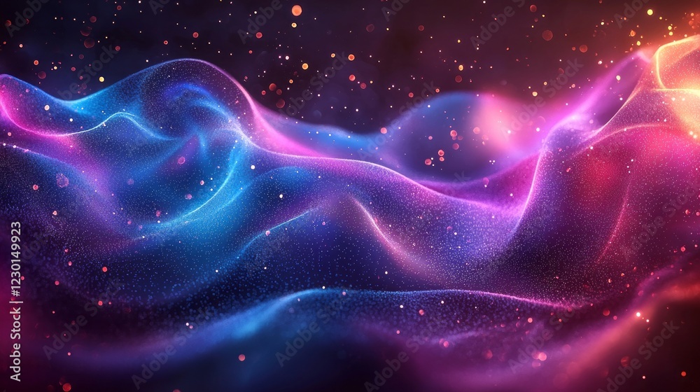 Poster A stunning display of neon colors flows together in soft waves, illuminated by specks of light, creating an enchanting atmosphere that captivates the viewer's imagination and senses