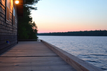 Fototapeta premium A wooden pier with a house in the background