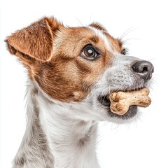 playful Jack Russell Terrier holds bone in its mouth. dog's focus is clear as it enjoys its treat in bright and clean environment showcasing its happy expression and playful demeanor.