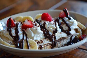 Banana split covered with chocolate sauce and whipped cream, decorated with strawberries and chocolate chips