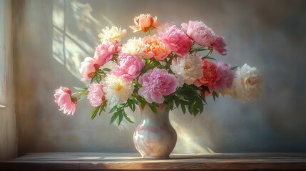 A low-angle shot of a lush bouquet of peonies in soft pastel tones,