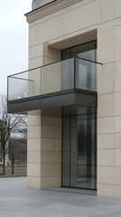 Modern balcony, stone building, winter trees. Architecture use