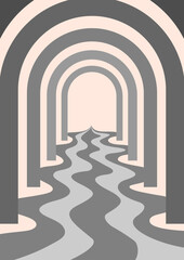 Retro with Abstract psychedelic background with arch pattern. Groovy arcs and waves in monochrome colors. Trendy twisted texture in abstract y2k style. Vector graphic for posters and art prints