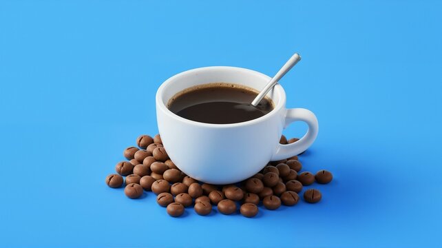 A cup of coffee with beans on blue surface.