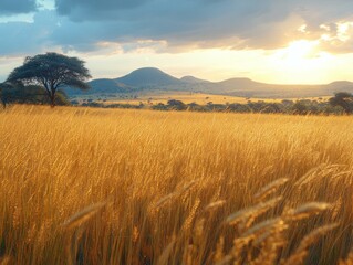 Naklejka premium Golden grasses wave gently at sunset, mountains and trees dot the horizon with dramatic sky