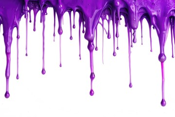 Fototapeta premium Purple paint splattering on a white background as it drips slowly, paint spill, artistic expression, artist's studio, abstract art, studio art