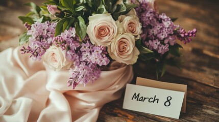 Beautiful bouquet of flowers with a ribbon for International Women's Day on March 8