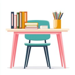 Fototapeta premium A vibrant workspace featuring a colorful chair, organized books, and stationery, perfect for studying or creativity.