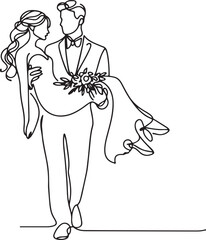 Minimalist Wedding Art. Bridegroom Carrying Bride Line Drawing