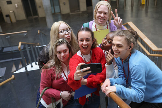 Disabled friends taking�selfie�in community center