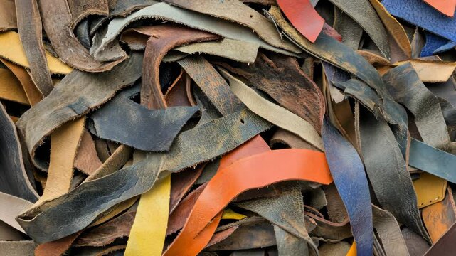 Colorful assortment of leather strips from various sources displayed in a creative arrangement