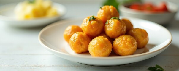 Rolling balls of roe on a plain white ceramic plate, clean, modern