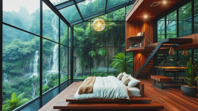 Luxurious bed with glass walls, seamless 4K virtual video animation background