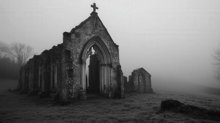 Foggy Ruins of an Isolated Gothic Chapel