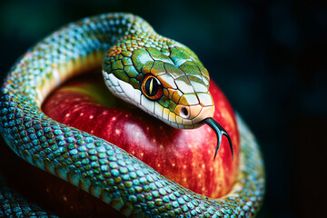 Fototapeta premium Colorful snake wrapped around a red apple with a dark background, copy space