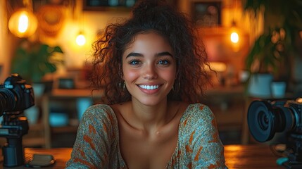 A young woman with curly hair smiles confidently at the camera while filming a vlog.