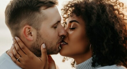 Fototapeta premium Interracial couple in romantic kiss celebrating love and diversity