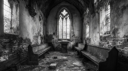 Fototapeta premium Decayed Chapel Interior with Broken Pews