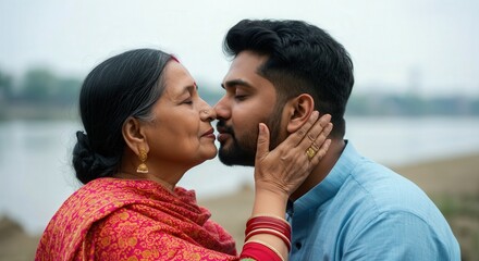 Heartwarming moment asian mother and son embracing happiness by riverside
