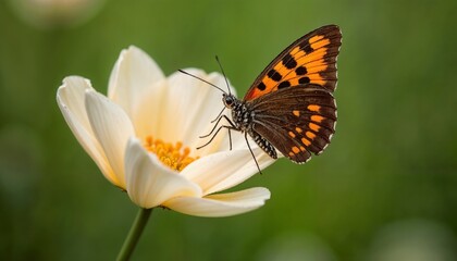 Obraz premium Close-up of a vibrant butterfly perched on a delicate flower with soft greenery in the background