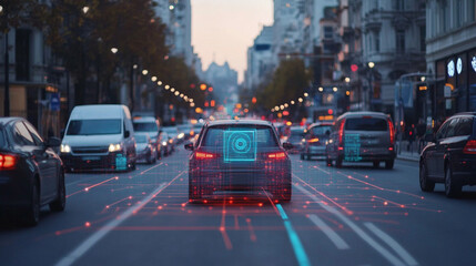 A futuristic car navigating through a busy city street with advanced technology and glowing graphics.