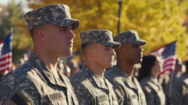 Soldiers in a Veterans Day parade. Featuring military personnel in uniform, marching, and saluting. Honoring their bravery and service. Ideal for commemorative and patriotic content.