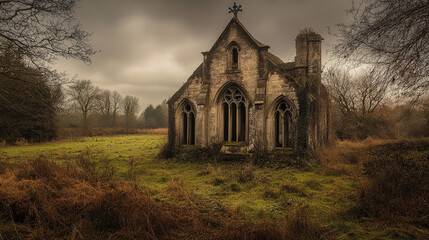Abandoned Stone Church in a Golden Meadow