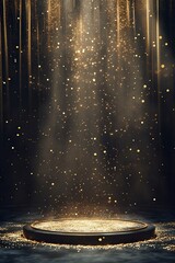 Dark background, golden light shining on the circular stage in front of it, with stars falling from above and sprinkling gold particles on top of it. The overall color tone is dark gray,