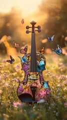 Floral Violin in a Summer Meadow with Butterflies