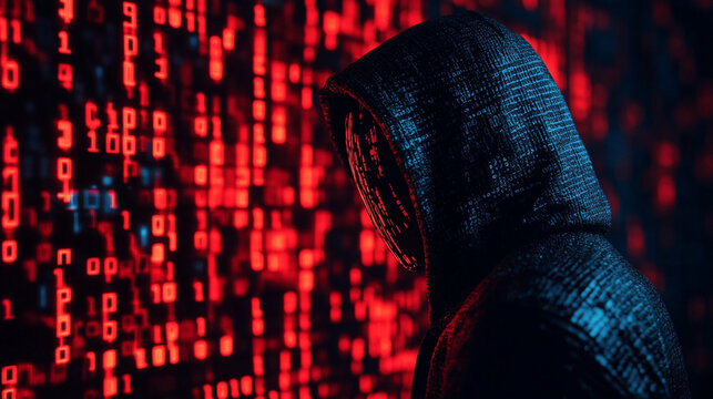 A mysterious figure in a hoodie stands before a wall of glowing red binary code, symbolizing digital security and cyber threats.
