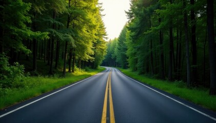 Fototapeta premium Single asphalt lane winding through dense forest, nature, lane, highway