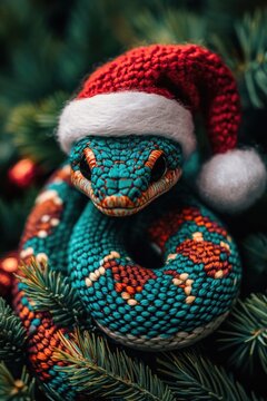 Christmas santa hat on a colorful ball python