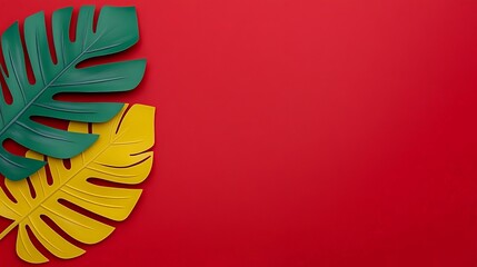 Tropical Leaves on Red: A vibrant and eye-catching composition featuring two large monstera leaves - one green, one yellow - against a bold red background.
