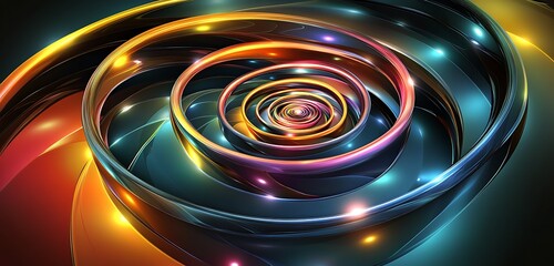 A 3D vector illustration of a colorful spiral with glowing dynamic effects and high contrast lighting