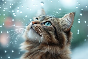 A beautiful cat watching rain through a window, lost in thought on a peaceful day. Perfect for cozy vibes and reflections on rainy days.