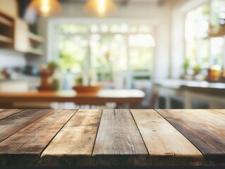 empty wood tabletop in a bright indoor setting with a softly blurred background for mockups, product display mockup in kitchen setting