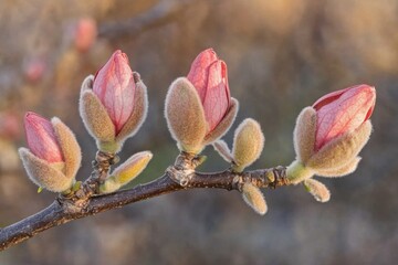 Magnolia buds beginning to open on a branch, with soft pink petals and fuzzy coverings, set against a blurred, warm-toned background