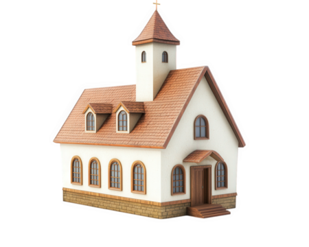 small church building with steeple, arched windows, and wooden door, set against transparency background. This charming structure evokes sense of peace and community