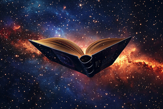 A book floats in space with a distant planet surrounded by stars, symbolizing knowledge and exploration in the universe