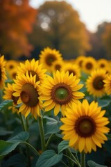 Naklejka premium Late season sunflowers, muted tones of autumn foliage , october, detail