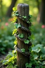 Twisted vines wrapped around a wooden post at a garden, plants, foliage
