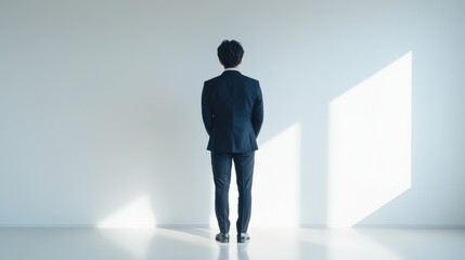 Obraz premium Businessman Stands Facing Away In Bright Room