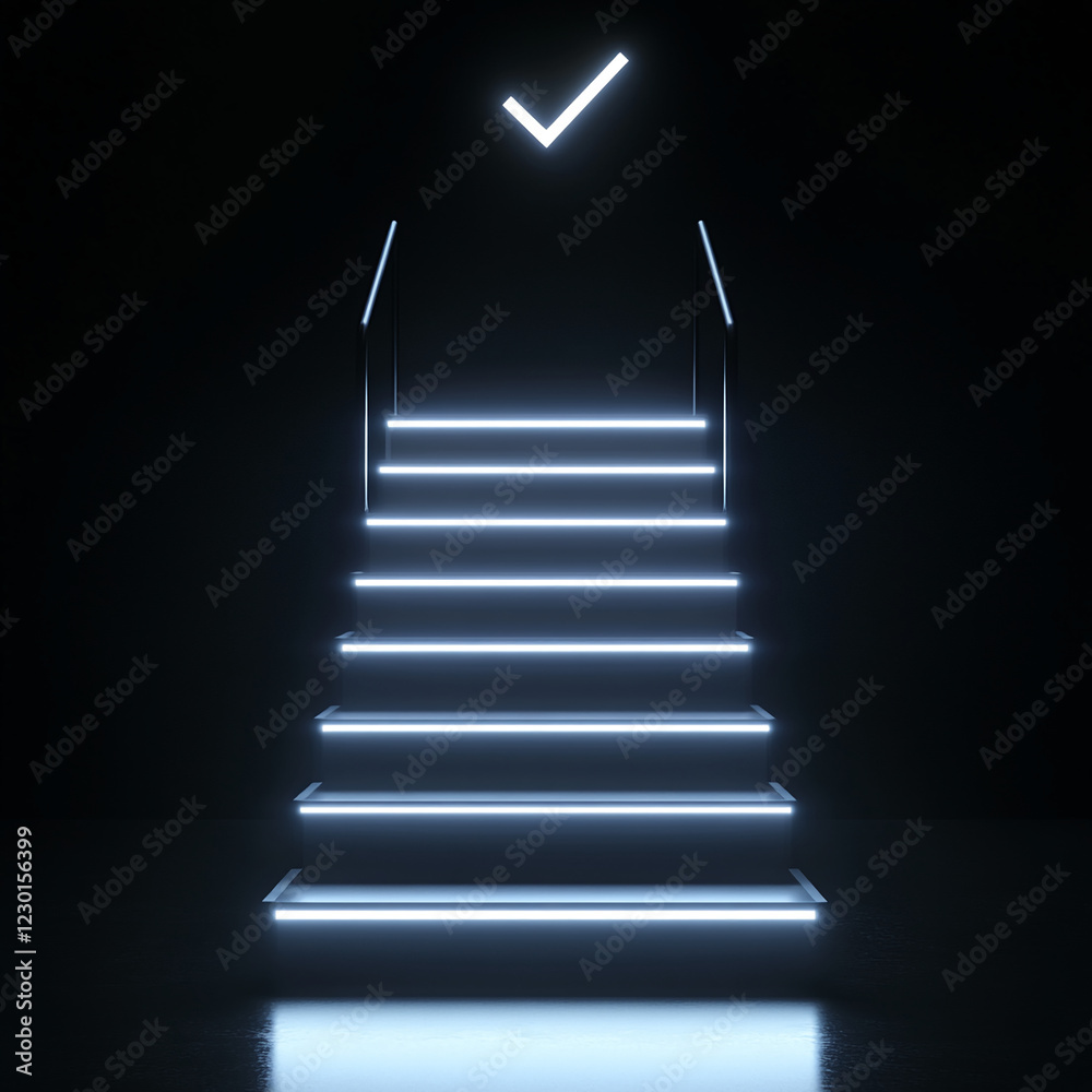 Poster a glowing staircase with illuminated steps leading upwards, symbolizing success, progress, and the j