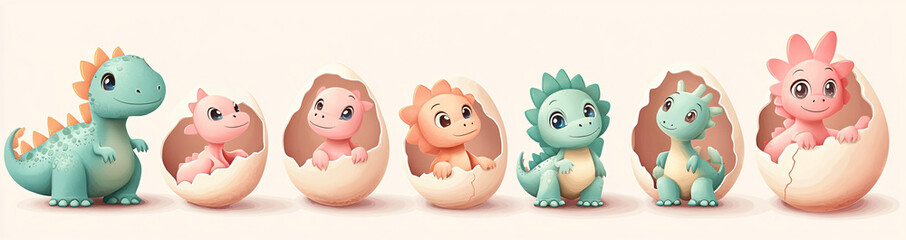 Cute green dinosaur reptile hatching sequence from spotted egg - closed shell, cracking process, emerging baby dino and newborn t-rex with broken eggshell pieces for game animation or children book