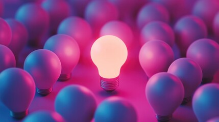 Glowing lightbulb among others; idea concept